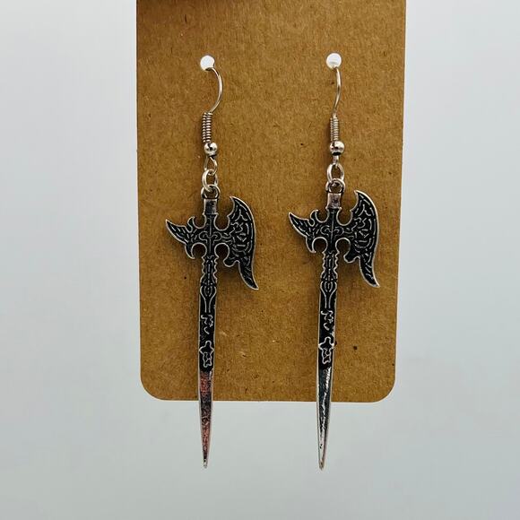 Handmade Hatchet Ax Earrings Silver Goth Renaissance Steampunk Hypoallergenic - Picture 2 of 5